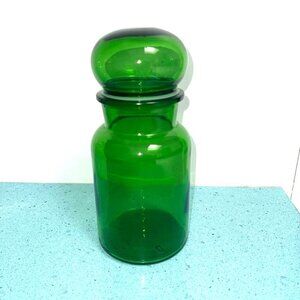 Belgian Apothecary Jar Vintage 60s Green Glass Round Stopper Top